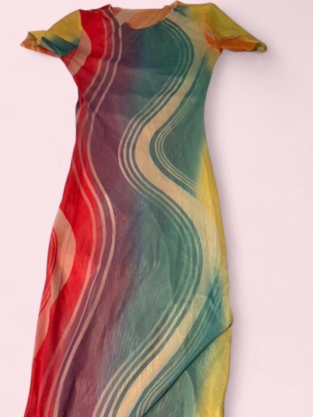 Multicolor Wave-Print Short-Sleeve Coverall Dress